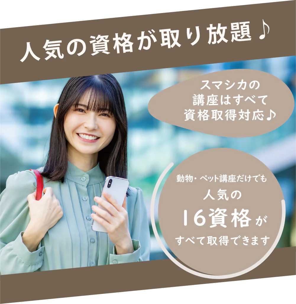 人気の資格が取り放題♪ スマシカの講座はすべて資格取得対応♪ 動物・ペット講座だけでも人気の16資格がすべて取得できます
